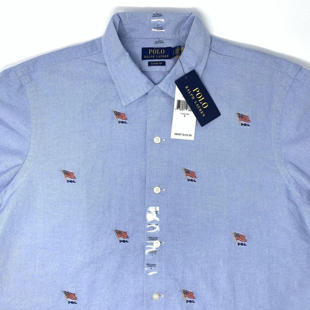Polo Ralph Lauren Classic Fit‎ Blue Oxford Flag Cotton Mens Button Up Shirt Sz L